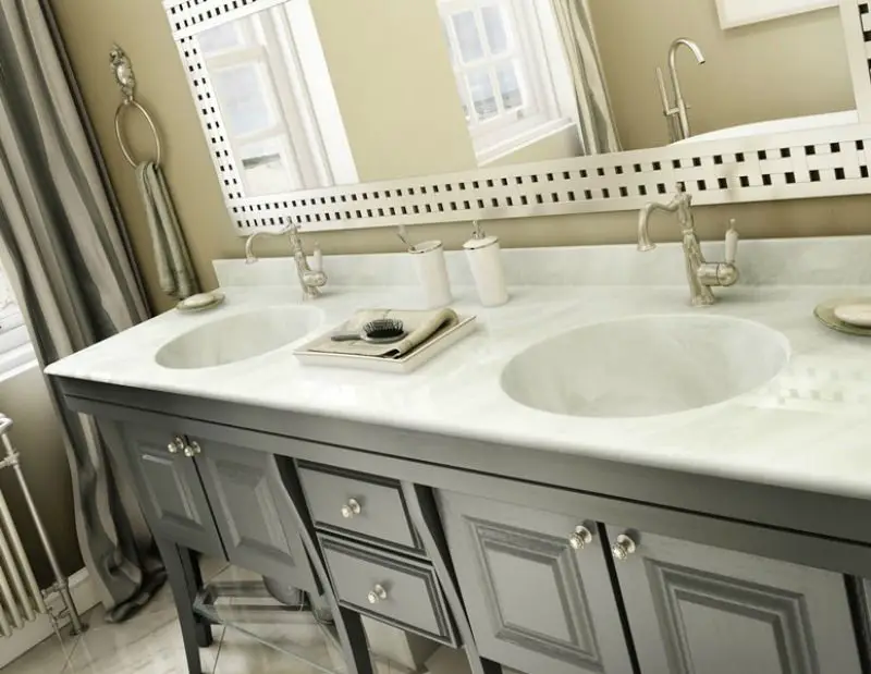 White cultured marble vanity top that looks like marble
